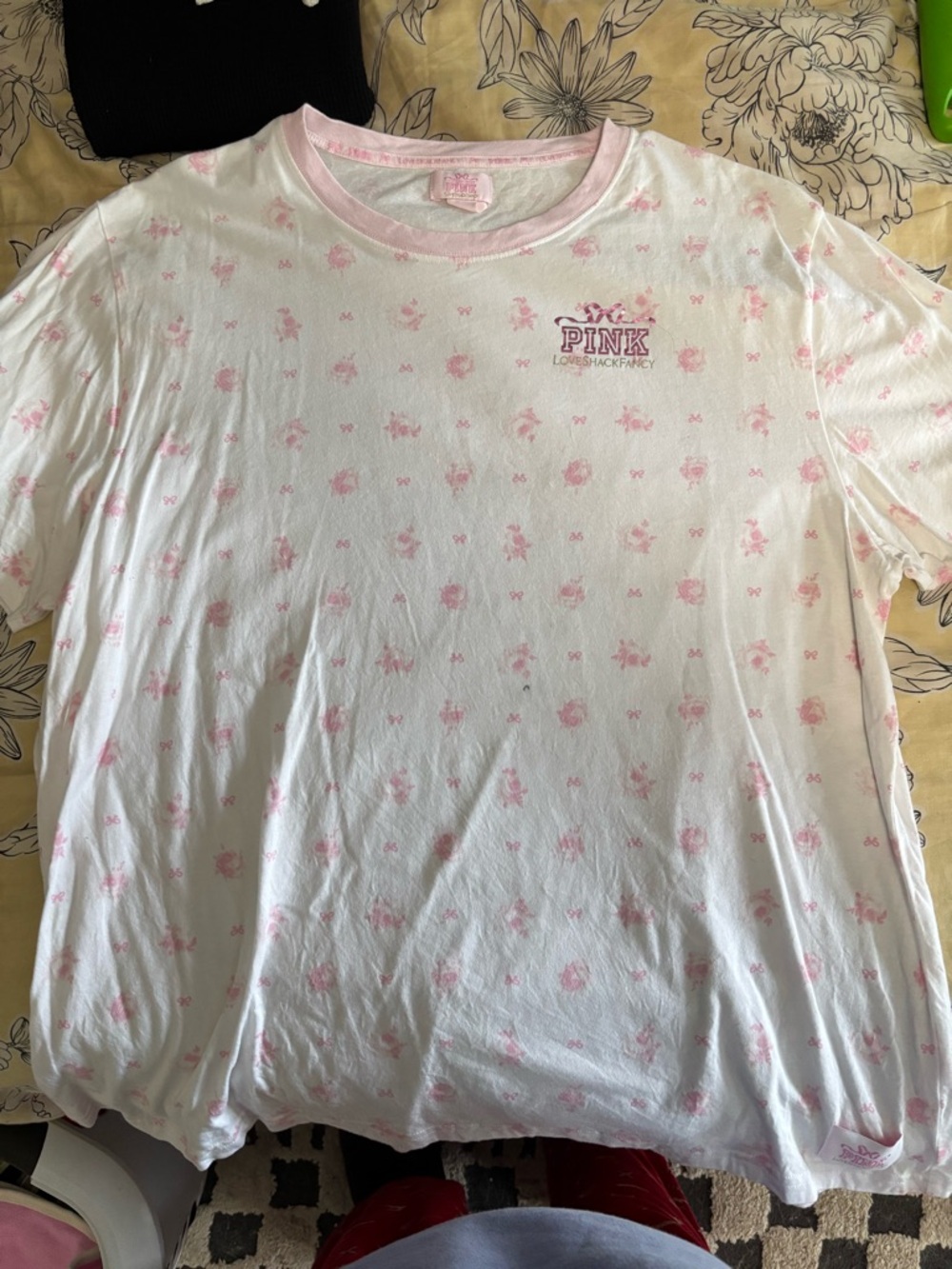 PINK x Love Shack Fancy Floral Logo Tee in White & Light Pink